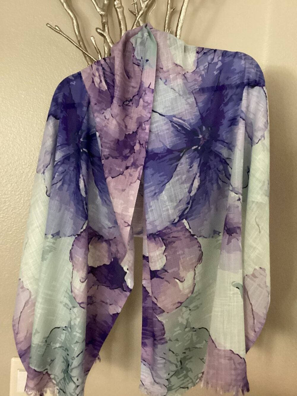 Blue, purple, green flowered shawl, scarf, 70" x 27"